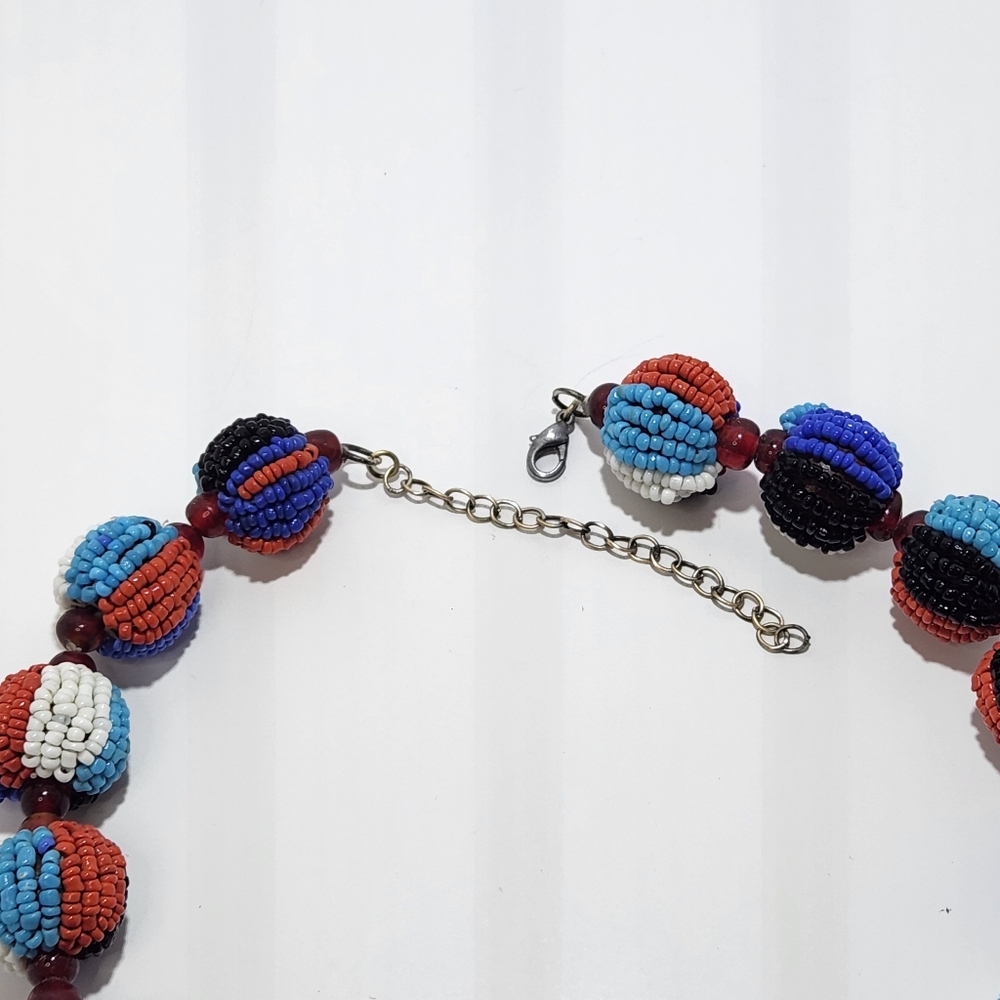Striped Seed Bead Ball Multicolor Necklace and Earring Set - Picture 4 of 13